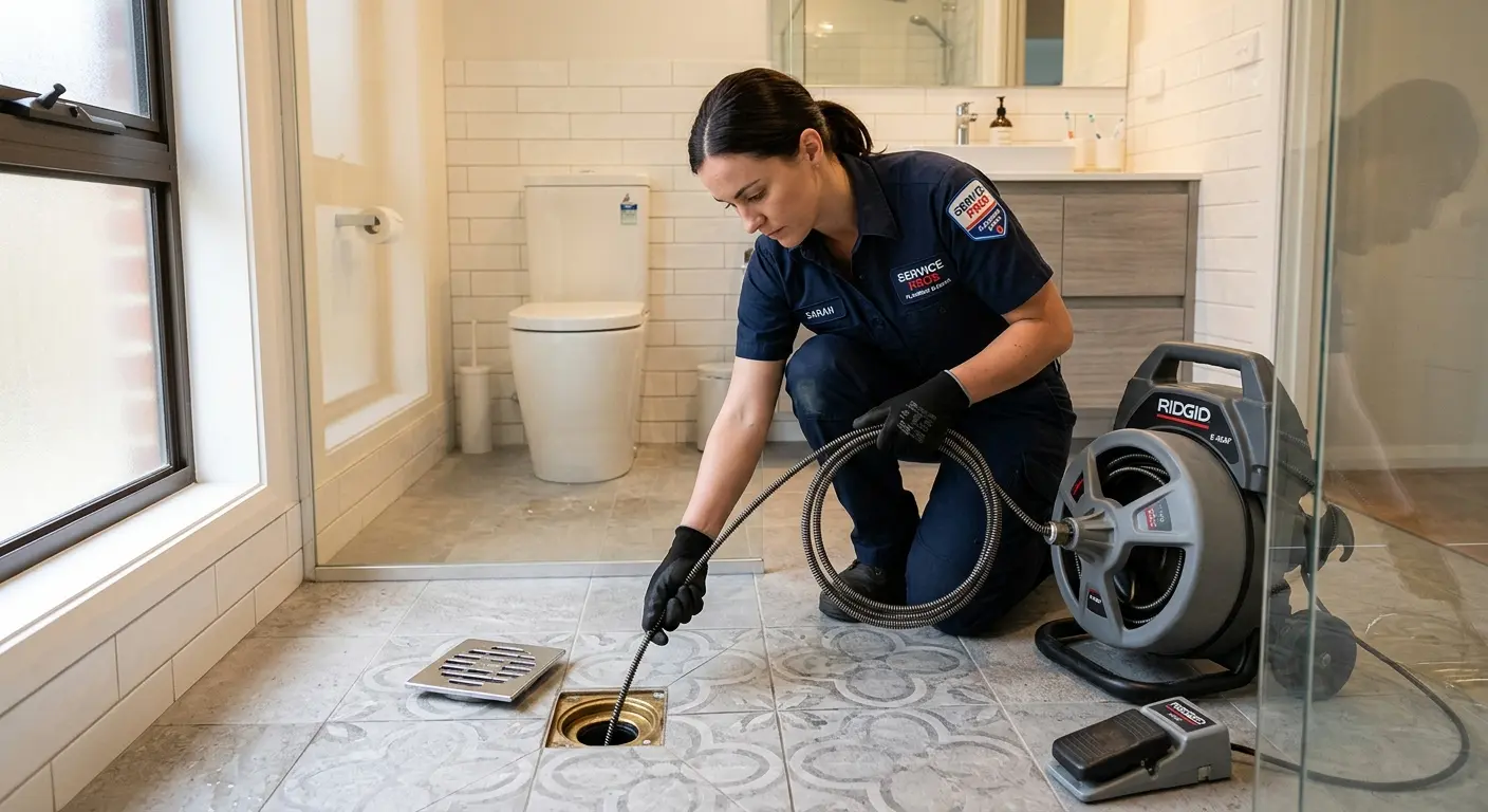 Technician clearing a bathroom floor drain for Drain Repair in Aliso Viejo